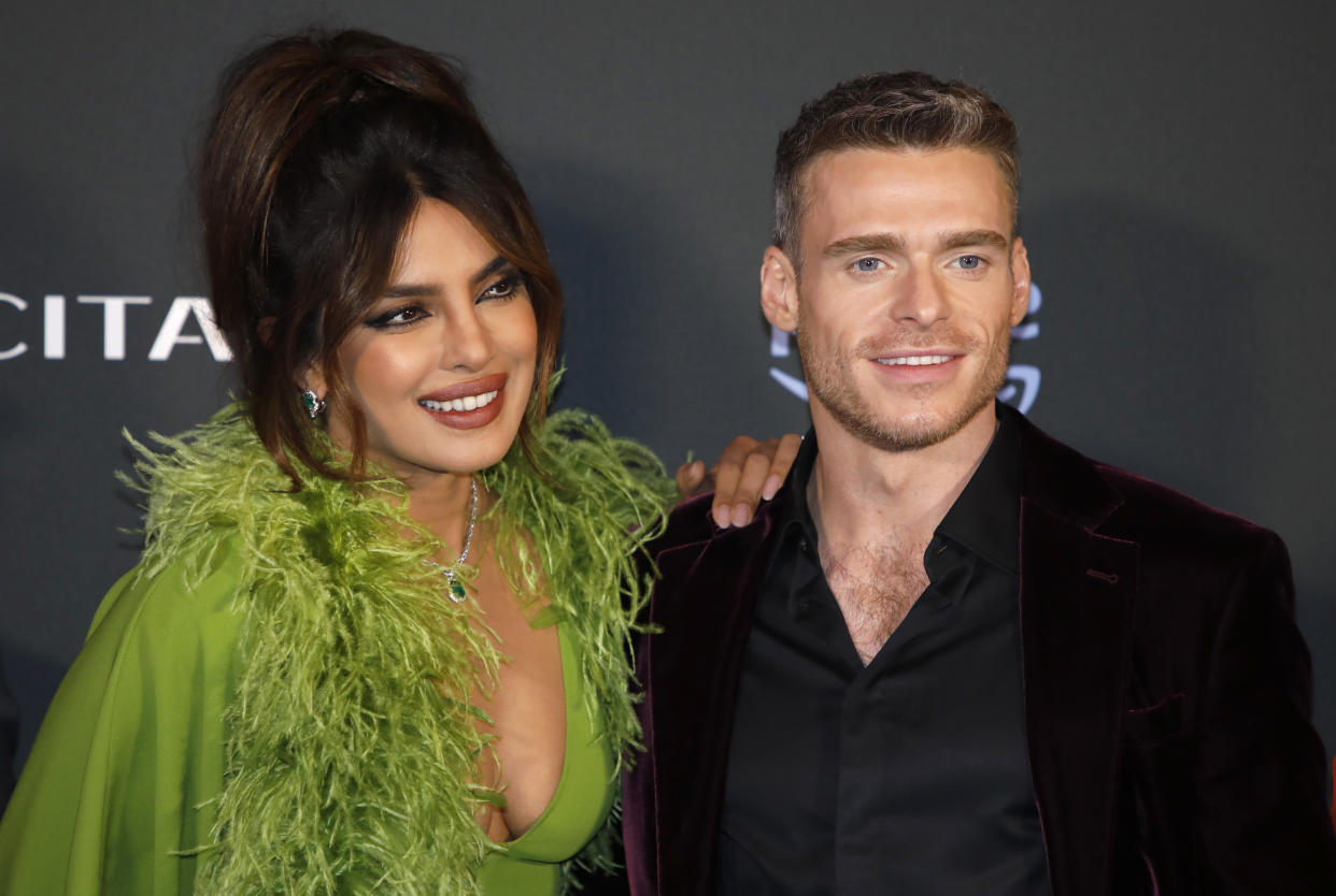 ROMA, ITALY - APRIL 21,2023: Indian actres Priyanka Chopra Jonas and british actor Richard Madden attend at blu carpet of 