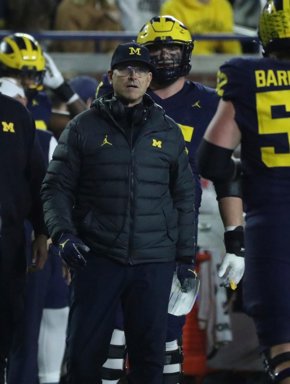 Michigan coach Jim Harbaugh on the sidelines during the second half of Michigan's 41-13 win on Saturday, Nov 4, 2023, in Ann Arbor.