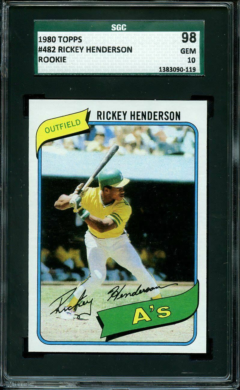 <p>It's no secret that baseball cards can rack up some serious value. This Rickey Henderson rookie card from 1980 is one of the most valuable Topps out there, currently listed on eBay for <a href="https://www.ebay.com/i/264667621095?chn=ps&norover=1&mkevt=1&mkrid=711-117182-37290-0&mkcid=2&itemid=264667621095&targetid=884638959240&device=c&mktype=pla&googleloc=9073479&poi=&campaignid=9426322711&mkgroupid=98144268200&rlsatarget=aud-649939740844:pla-884638959240&abcId=1141016&merchantid=6296724&gclid=Cj0KCQjw7qn1BRDqARIsAKMbHDYtfSCYZAfMWGsK1GxFZ4JTKQ1YDxHimu7IKwTYzeWr6dBcFui64mAaAqBOEALw_wcB" rel="nofollow noopener" target="_blank" data-ylk="slk:$30,000;elm:context_link;itc:0" class="link ">$30,000</a>.</p>