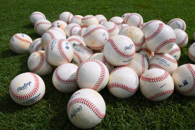 LAKELAND, FL - FEBRUARY 17:  A detailed view of a group of Rawlings official Major League baseballs sitting on the field during the Detroit Tigers Spring Training workouts at the TigerTown Facility on February 17, 2020 in Lakeland, Florida.  (Photo by Mark Cunningham/MLB Photos via Getty Images)