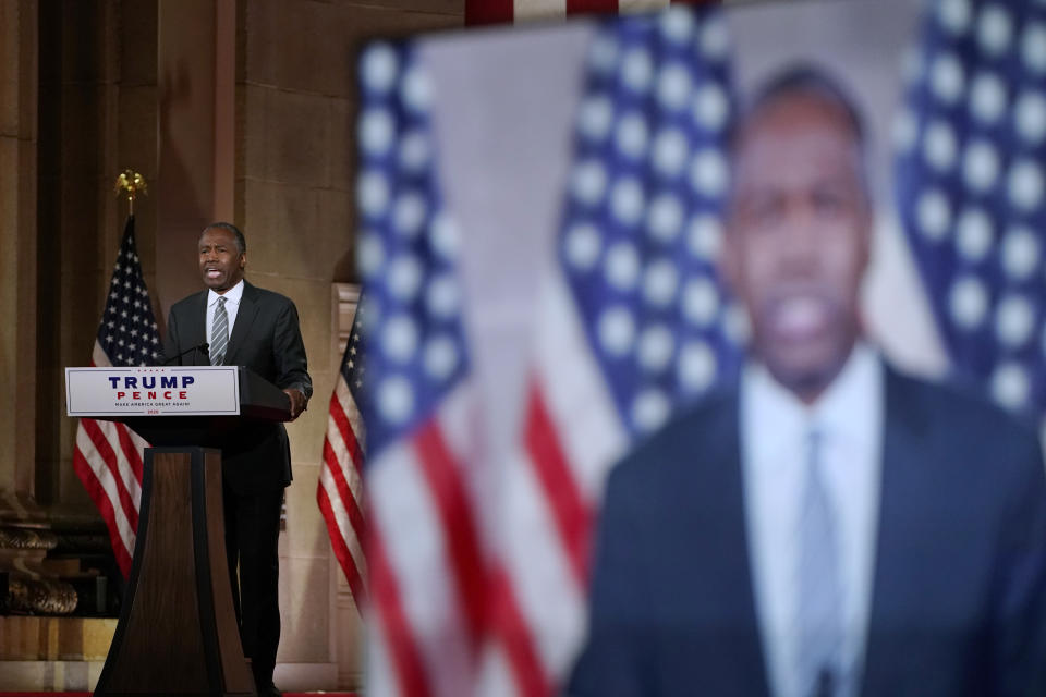 Housing and Urban Development Secretary Ben Carson speaks on the fourth day of the Republican National Convention from the Andrew W. Mellon Auditorium in Washington, Thursday, Aug. 27, 2020. (AP Photo/Susan Walsh)