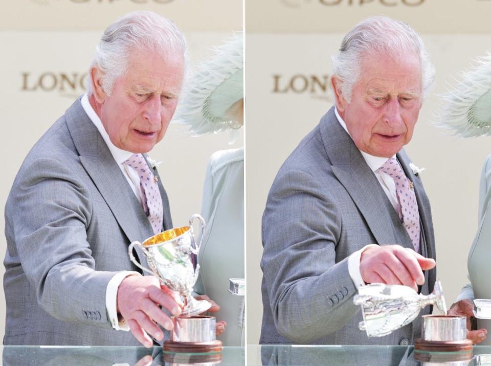 King Charles III is seen dropping the trophy for the King George V Stakes alongside Queen Camilla on day three of Royal Ascot 2023 at Ascot Racecourse on June 22, 2023 in Ascot, England