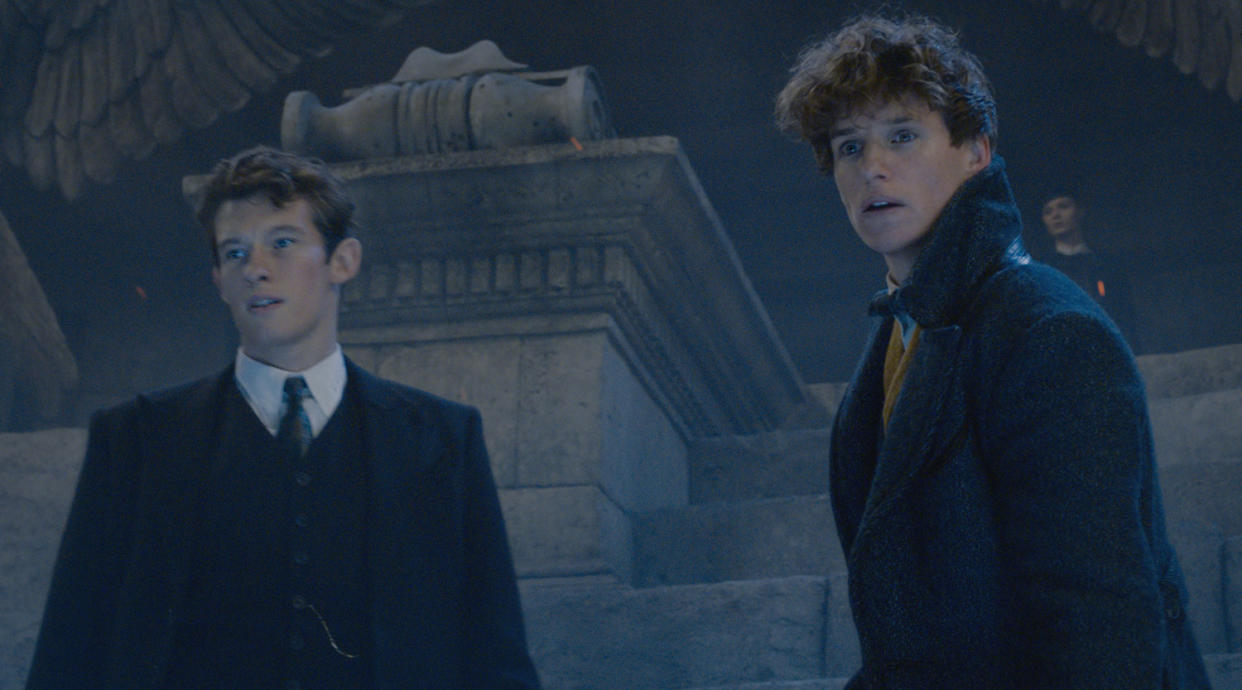 Callum Turner and Eddie Redmayne as the Scamander brothers in <i>Fantastic Beasts: The Crimes of Grindelwald</i> (Warner Bros.)