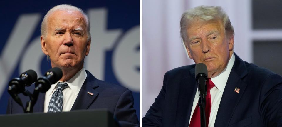 LEFT: US President Joe Biden speaks on economics during the Vote To Live Properity Summit at the College of Southern Nevada in Las Vegas, Nevada, on July 16, 2024. RIGHT: Donald Trump delivers his nomination acceptance speech during the final day of the Republican National Convention at the Fiserv Forum on July 18, 2024 in Milwaukee, WI.