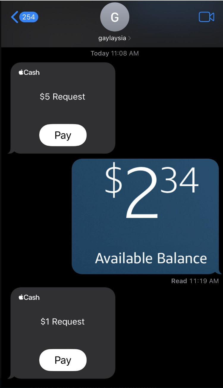 someone sends a payment request of $5, the other shows their bank balance being $2.24 so the first person adjusts the payment request to $1