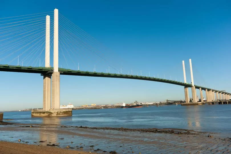A view of the QEII Bridge from below on a clear day