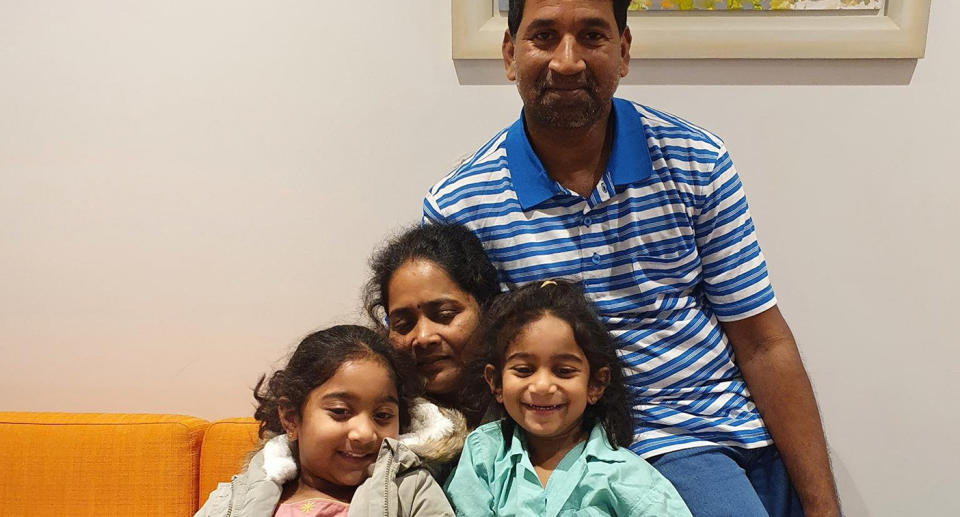 A supplied image obtained on Sunday, June 20, 2021, shows Nades, Priya and their Australian-born girls Kopika and Tharnicaa. A Tamil asylum-seeker family that has been detained on Christmas Island for the past two years has be reunited on the Australian mainland. (AAP Image/Supplied by @HomeToBilo) NO ARCHIVING, EDITORIAL USE ONLY