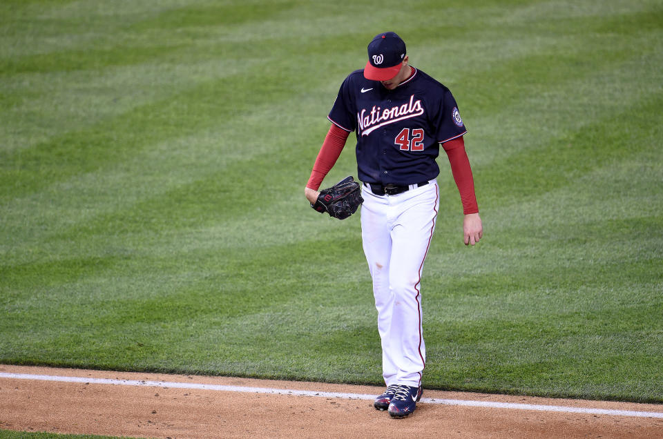 WASHINGTON, DC - APRIL 15: Patrick Corbin #46 of the Washington Nationals walks to the dugout after the second inning against the Arizona Diamondbacks at Nationals Park on April 15, 2021 in Washington, DC. All players are wearing the number 42 in honor of Jackie Robinson Day. (Photo by Greg Fiume/Getty Images)