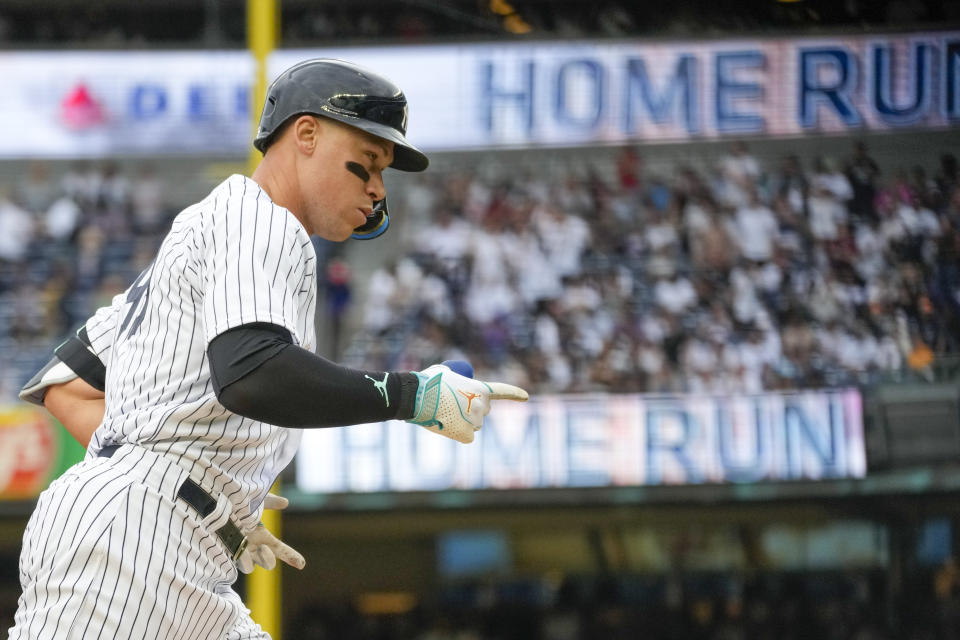 New York Yankees' Aaron Judge rounds the bases after hitting a solo home run in the first inning of a baseball game against the Washington Nationals, Thursday, Aug. 24, 2023, in New York. (AP Photo/Mary Altaffer)