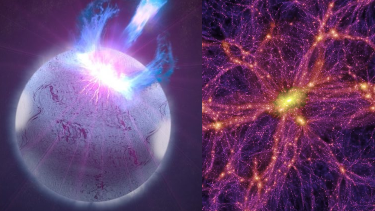  A purple, sort of flaring-up star is seen on the left and on the right are bright tendrils representing dark matter distribution. 