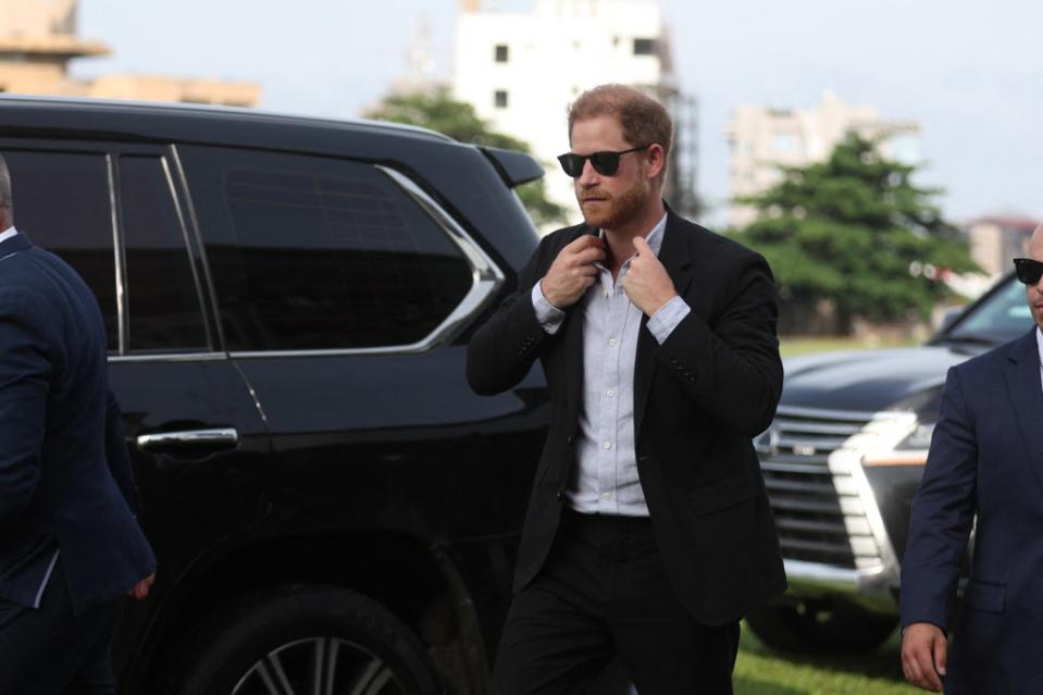 Prince Harry arrives at a charity polo game in Lagos, Nigeria on May 12, 2024. AFP via Getty Images
