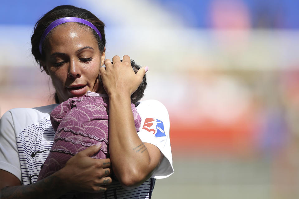 Orlando Pride forward Sydney Leroux returned to the team shortly after giving birth to daughter, Roux. (AP Photo/Steve Luciano)