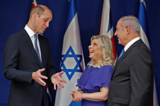 Britain's Prince William meets with Israeli Prime Minister Benjamin Netanyahu and his wife Sara on June 26, 2018 in Jerusalem