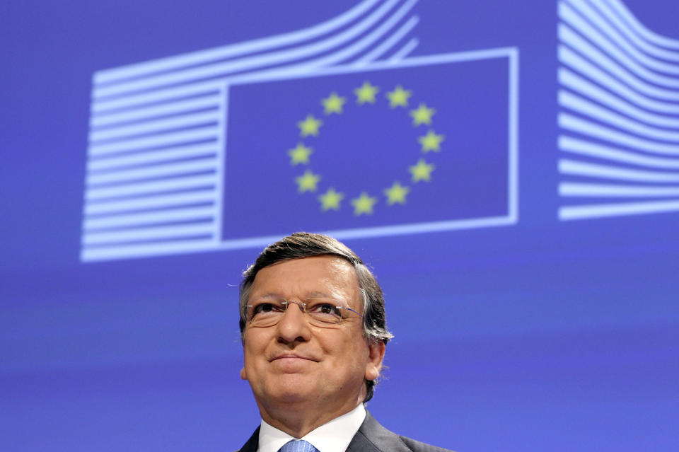 European Commission President Jose Manuel Barroso addresses the media after the 2012 Nobel Peace Prize was given to the EU, at the European Commission headquarters in Brussels, Friday, Oct. 12, 2012. The European Union has been awarded the Nobel Peace Prize for its efforts to promote peace and democracy in Europe, in the midst of the union's biggest crisis since its creation in the 1950s. The Norwegian prize committee said the EU received the award for six decades of contributions "to the advancement of peace and reconciliation, democracy and human rights in Europe. (AP Photo/Yves Logghe)