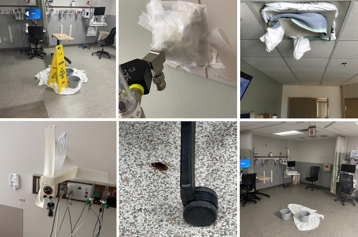 Leaks and various medical equipment held together with medical tape and a roach inside an  operating room at Bayonet Point Hospital in 2022. (Obtained by NBC News)