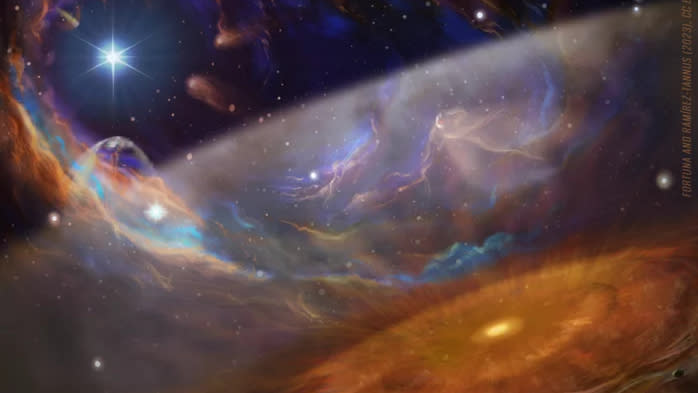  Artist's impression of the massive star-forming region, with the planet-forming disk XUE-1 in the foreground. The region is drenched in UV light from massive stars, one of which is visible in the top left corner. The structure near the disk represents the molecules and the dust found by the researchers in their new observations. 