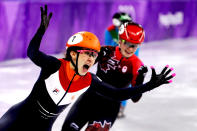 <p>Suzanne Schulting of the Netherlands celebrates winning gold in the Ladies’ 1,000m Short Track Speed Skating Final A on day 13 of the 2018 Winter Olympic Games in South Korea, February 22, 2018.<br> (Photo by Maddie Meyer/Getty Images) </p>