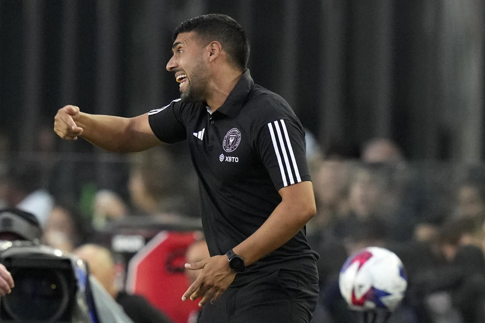 Inter Miami interim coach Javi Morales watches during the first half of the team's MLS soccer match against Austin FC, Saturday, July 1, 2023, in Fort Lauderdale, Fla. (AP Photo/Lynne Sladky)