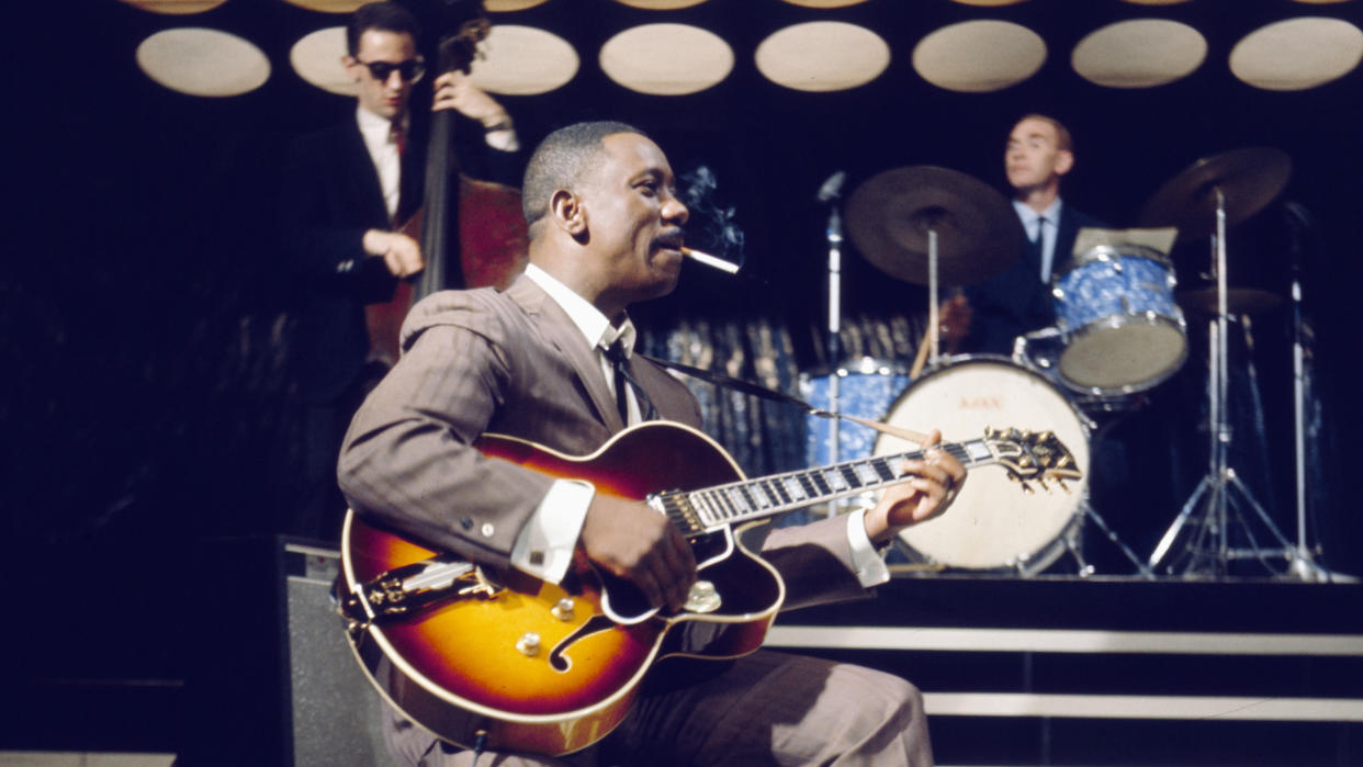  American jazz guitarist Wes Montgomery (1923-1968) performs with a Gibson L-5 semi acoustic guitar in a television studio during a recording for the television series 'Tempo' in 1965 