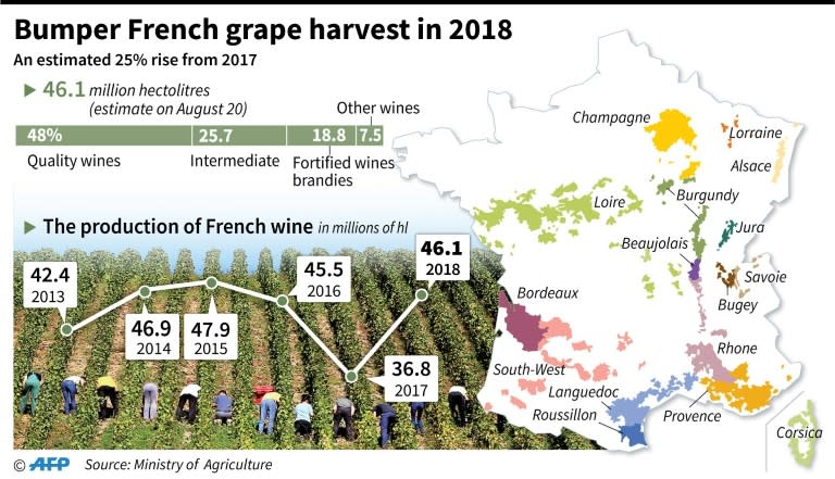 Map of the wine regions of France and the progression of grape production since 2013