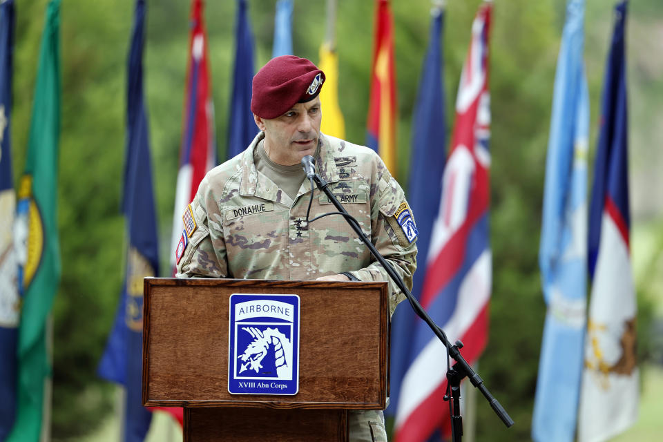 Lt. Gen. Christopher T. Donahue speaks as a part of the ceremony to rename Fort Bragg during a ceremony Friday, June 2, 2023, in Fort Liberty, N.C. The U.S. Army changed Fort Bragg to Fort Liberty as part of a broader initiative to remove Confederate names from bases. (AP Photo/Karl B DeBlaker)