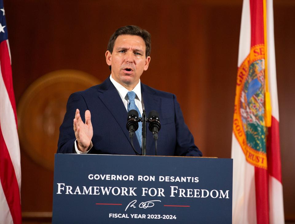 Florida Gov. Ron DeSantis announces his budget for the new fiscal year at the Florida Capitol on Wednesday, Feb. 1, 2023 in Tallahassee, Fla. 