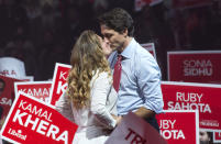 <p>Kissing each other before he takes the stage during a rally in Ontario, Canada</p>