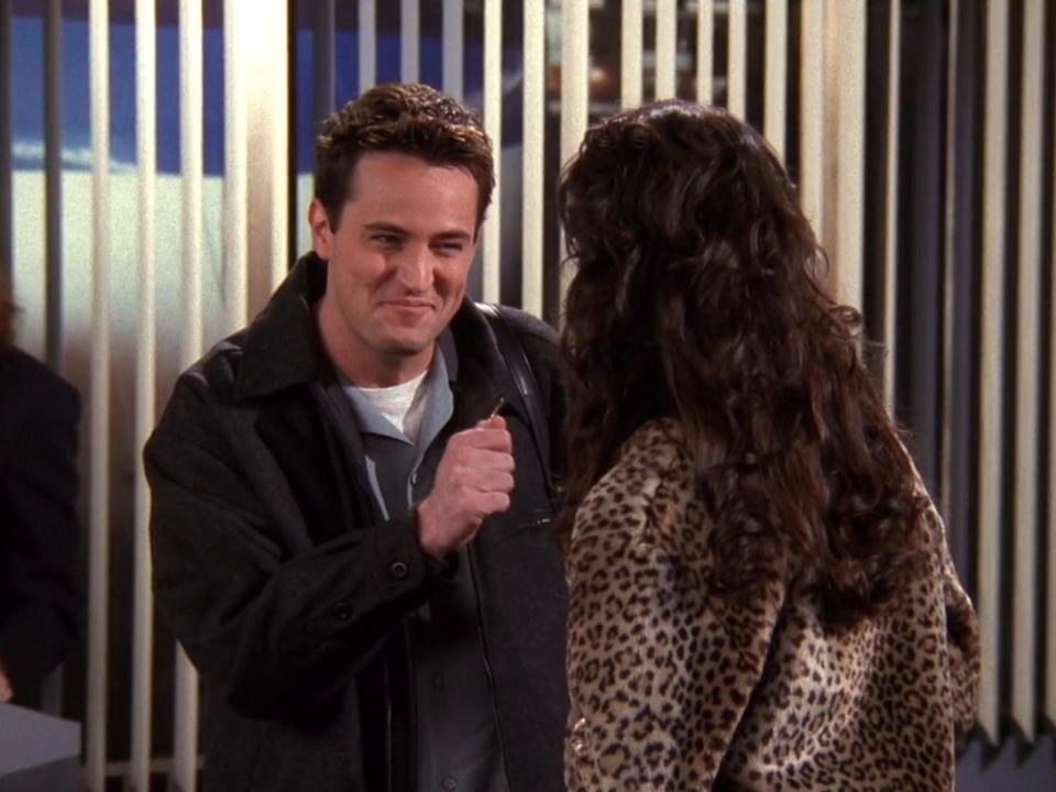 Matthew Perry as Chandler and Maggie Wheeler as Janice on season four, episode 15 of "Friends."