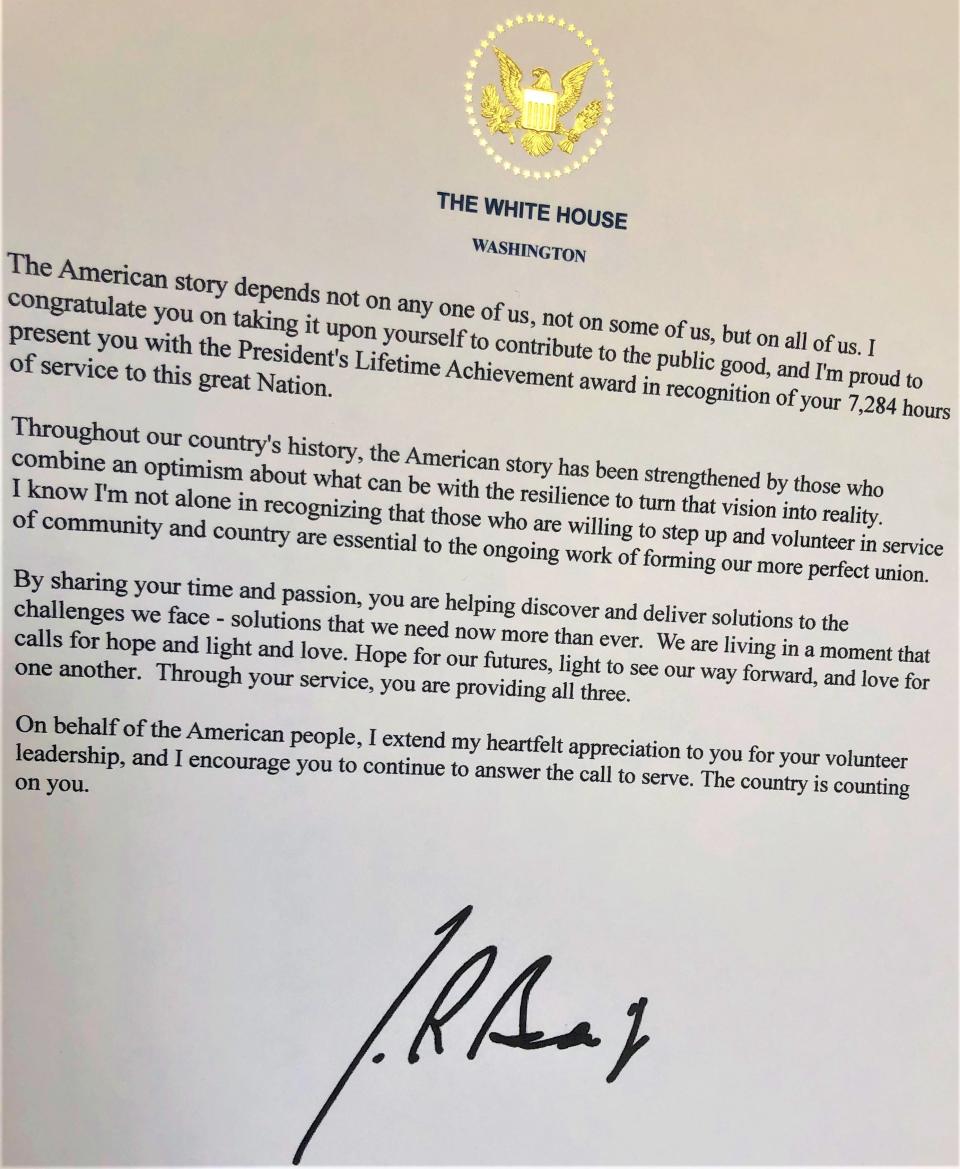 Norfolk County RSVP volunteer Edna Sullivan, 77, of Quincy, received this letter from President Joe Biden thanking her for 7,284 hours of volunteer service. Sullivan received a President's Lifetime Achievement Award.