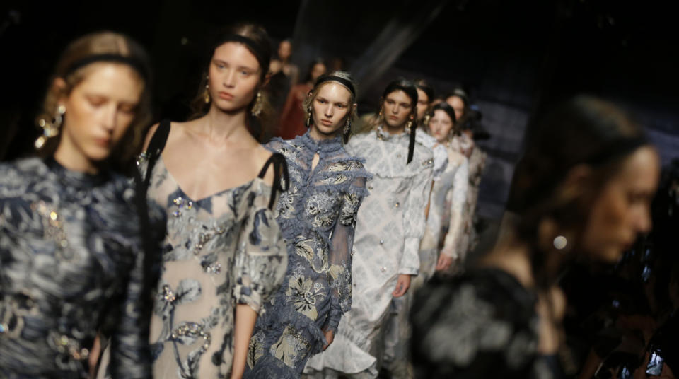 Models wear creations by designer Erdem during their Spring/Summer 2017 runway show at London Fashion Week in London, Monday, Sept. 19, 2016. (AP Photo/Alastair Grant)