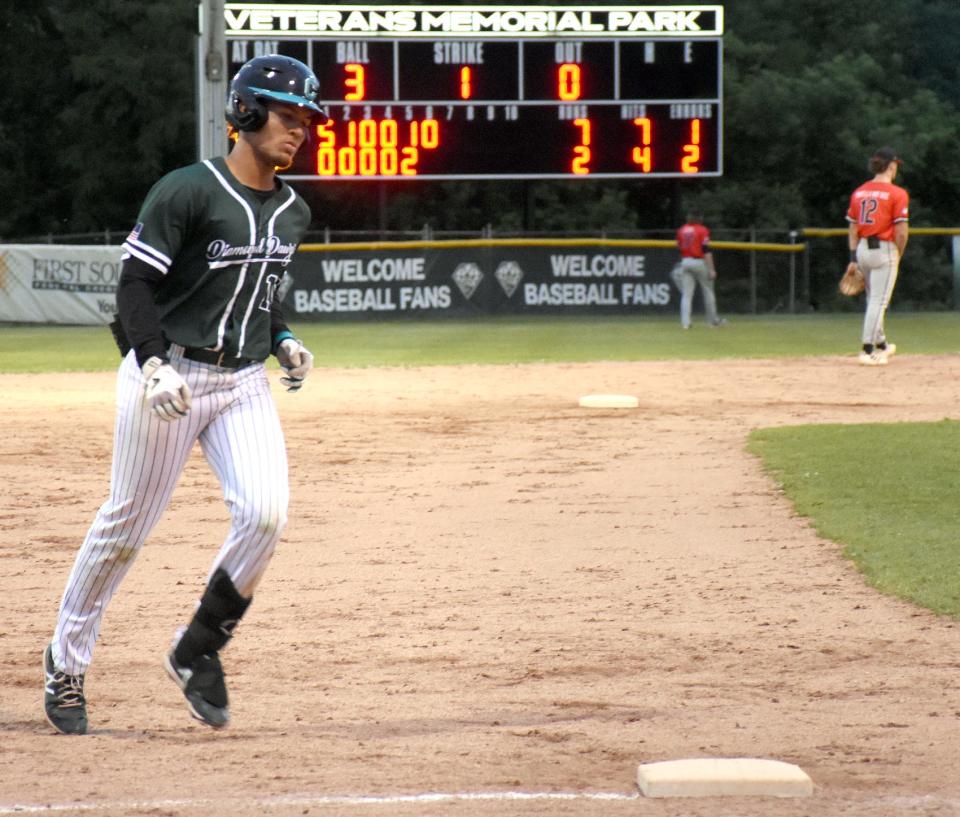 Ernesto Polanco, an infielder from Coastal Carolina University, rounds third base after hitting his first PGCBL home run for the Mohawk Valley DiamondDawgs Thursday.