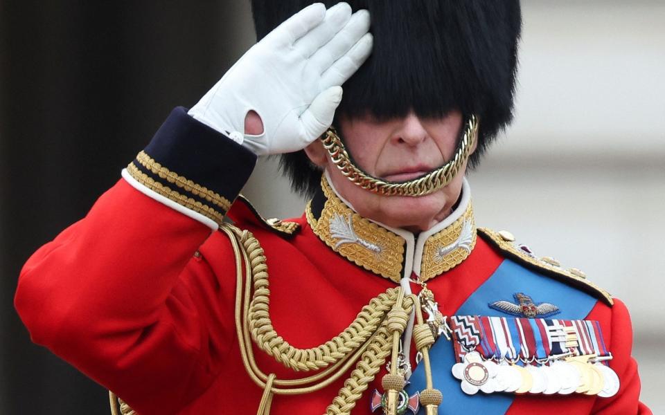 Britain's King Charles salutes as he rides on horseback as part of Trooping the Colour parade which honours him on his official birthday, in London, Britain - Britain's King Charles salutes as he rides on horseback as part of Trooping the Colour parade which honours him on his official birthday, in London, Britain/REUTERS