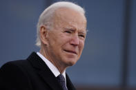 President-elect Joe Biden tears up as he speaks at the Major Joseph R. "Beau" Biden III National Guard/Reserve Center, Tuesday, Jan. 19, 2021, in New Castle, Del. (AP Photo/Evan Vucci)