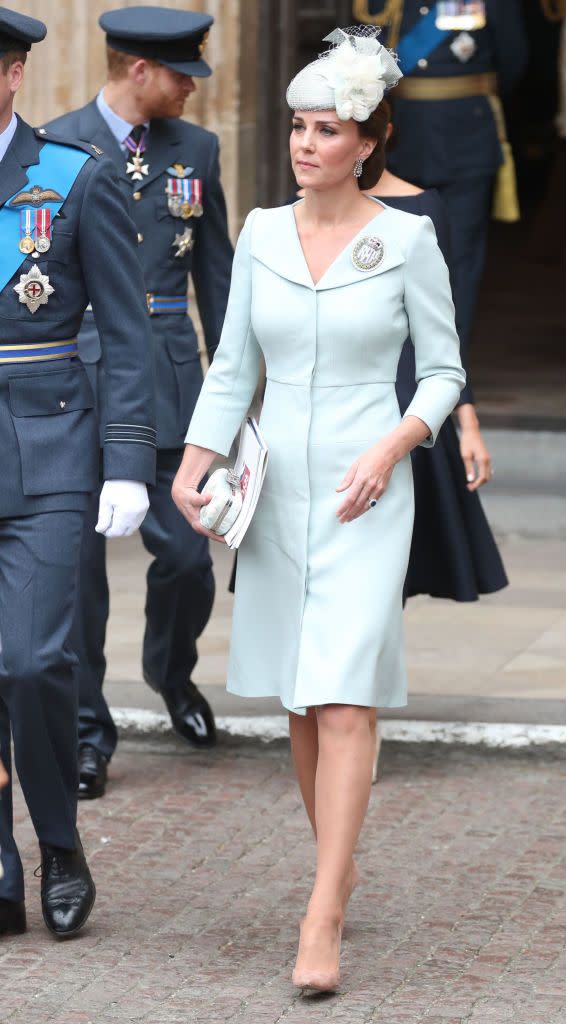 <p>The Duchess <a href="https://www.townandcountrymag.com/society/tradition/a22100784/kate-middleton-raf-100-celebration-dacre-brooch-pale-blue-dress/" rel="nofollow noopener" target="_blank" data-ylk="slk:made a surprise appearance;elm:context_link;itc:0;sec:content-canvas" class="link ">made a surprise appearance</a> at the RAF Centenary Service, which was held today in London. Kate wore a pale blue Alexander McQueen dress with a Sean Barrett hat. She accessorized with nude pumps, a cream-colored clutch, and a Royal Air Force Dacre brooch.</p>