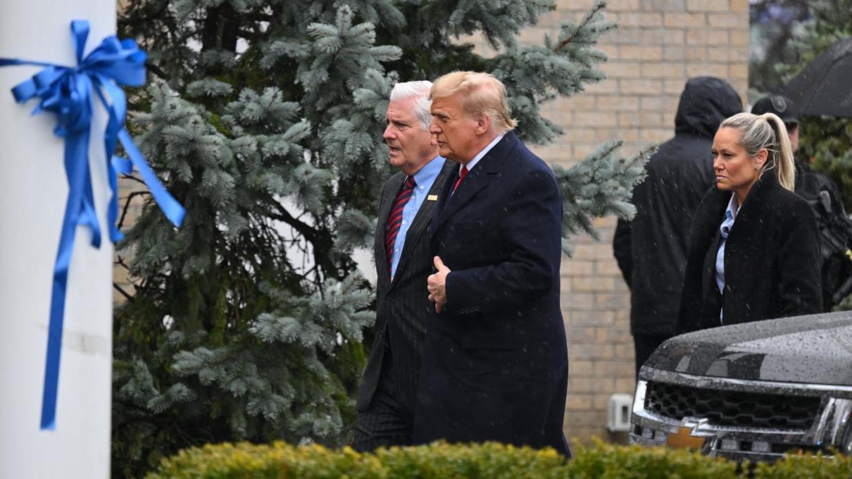 PHOTO: Former President Donald Trump arrives for the wake for New York Police Department (NYPD) Officer Jonathan Diller in Massapequa, Long Island, New York, March 28, 2024.  (Angela Weiss/AFP via Getty Images)