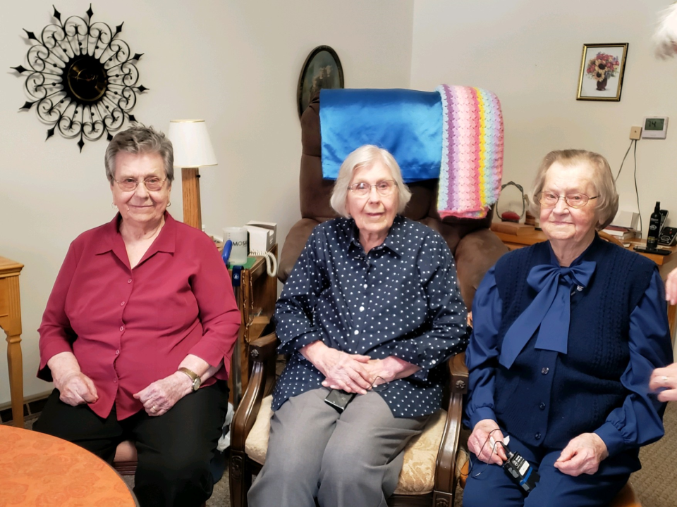 Sisters Frances Kompus, age 100, Lucy Pochop, 102, and Julia Kopriva, 104, all of Atwood, Kansas. The trio recently celebrated Frances' 100th birthday.