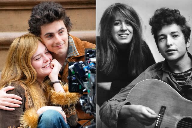 <p>Gotham/GC Images ; Michael Ochs Archives/Getty</p> Elle Fanning and Timothee Chalamet are seen on location for 'A Complete Unknown' on June 11, 2024 in Hoboken, New Jersey. ; Bob Dylan and Suze Rotolo in September 1961 in New York City.