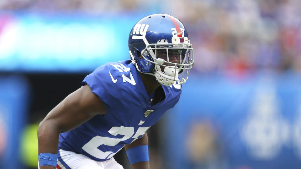 New York Giants cornerback Deandre Baker (27) during an NFL football game on Sunday, Oct 6, 2019, in East Rutherford, N.J. (AP Photo/Vera Nieuwenhuis)