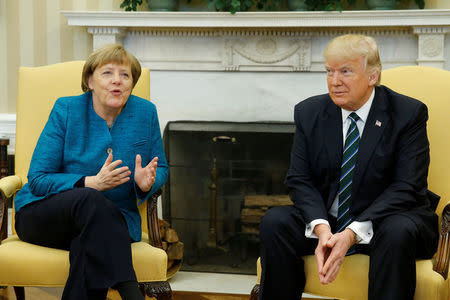 U.S. President Donald Trump meets with Germany's Chancellor Angela Merkel in the Oval Office at the White House in Washington, U.S. March 17, 2017. REUTERS/Jonathan Ernst