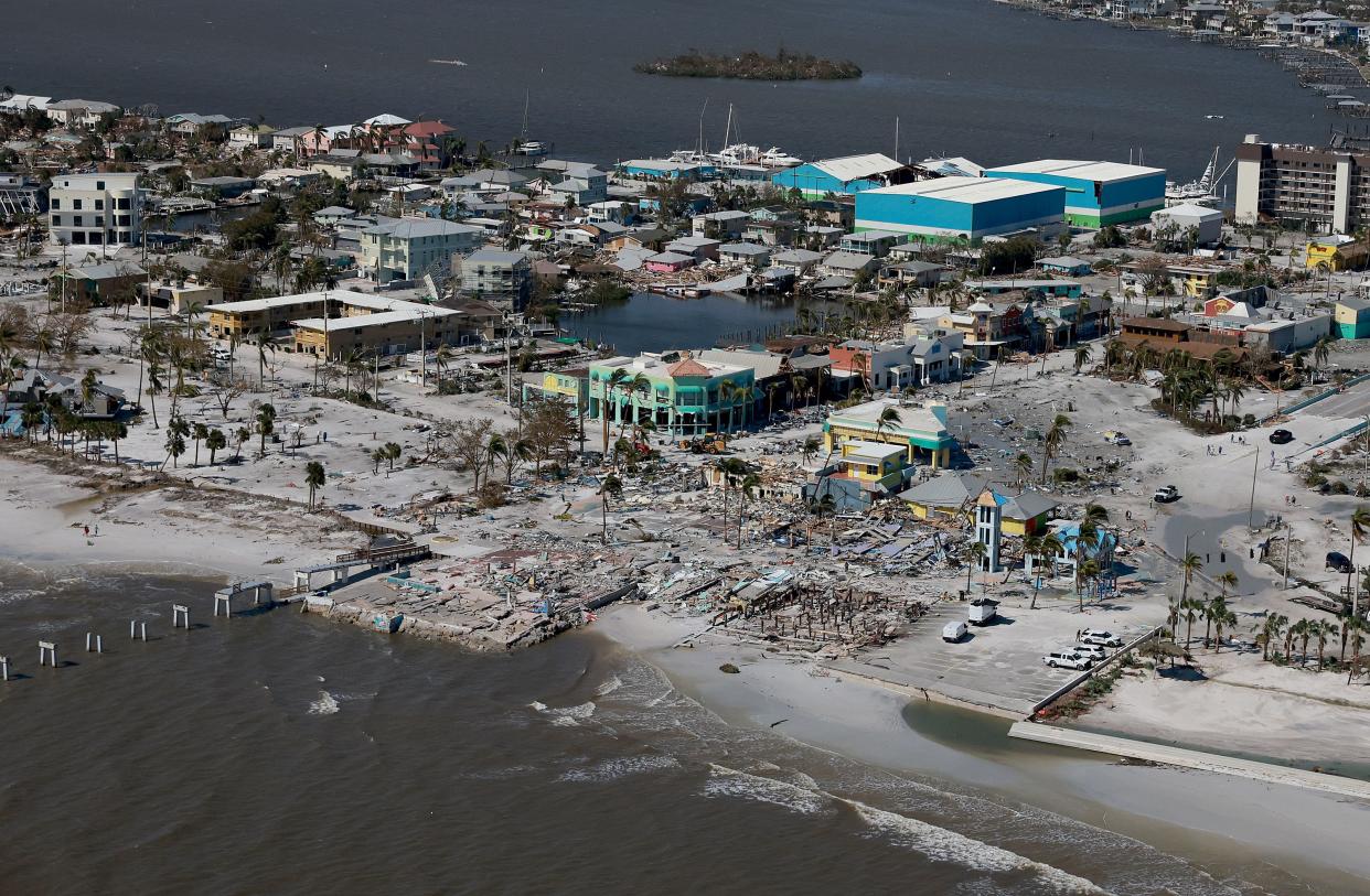 In an aerial view, damaged buildings are seen as Hurricane Ian passed through the area on September 29, 2022 in Fort Myers Beach, Florida. 