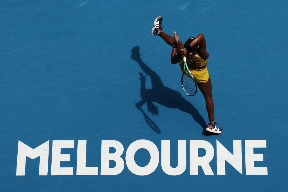 Coco Gauff plays a forehand in the quarterfinals singles match against Marta Kostyuk of Ukraine during the 2024 Australian Open on January 23, 2024 in Melbourne, Australia.