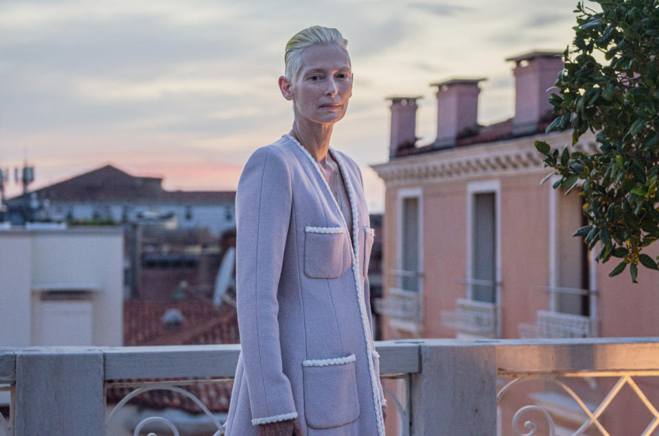 Tilda Swinton in Chanel at the 79th Venice Film Festival.