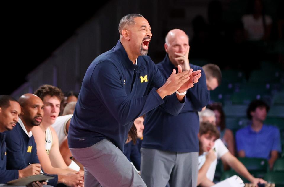 Michigan Wolverines head coach Juwan Howard reacts during the first half against the Stanford Cardinal at Imperial Arena on Paradise Island, Bahamas, on Thursday, Nov. 23, 2023.