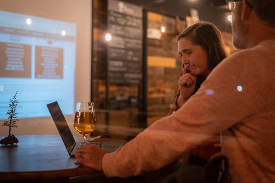 Poudre School District Board of Education District G Director Jessica Zamora waits for results during a watch party at Purpose Brewing in Fort Collins on Tuesday.