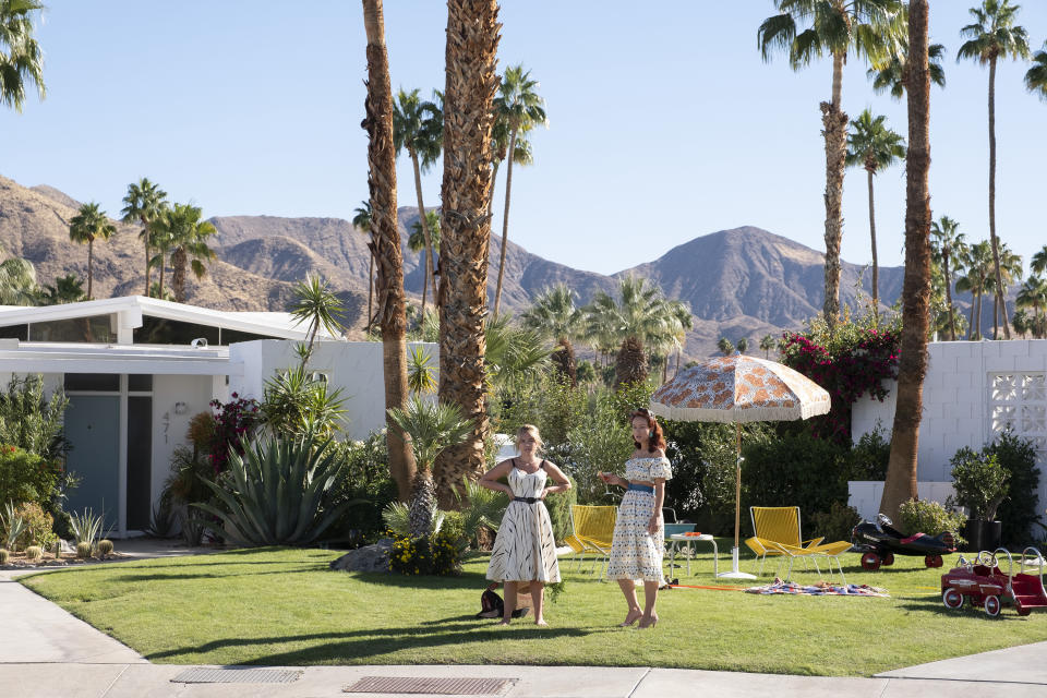 This image released by Warner Bros. Entertainment shows Florence Pugh, left, and Olivia Wilde in a scene from "Don't Worry Darling." (Warner Bros. Entertainment via AP)