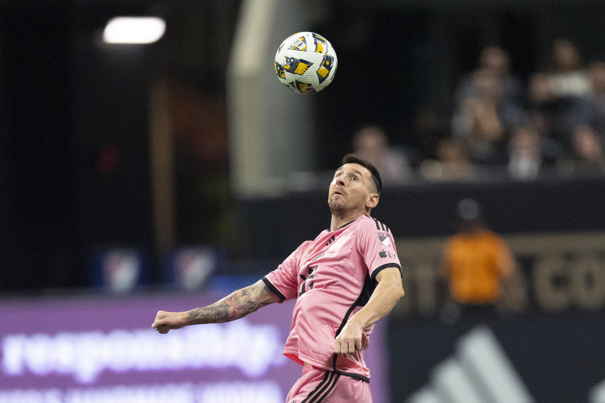 Inter Miami forward Lionel Messi controls the ball during the second half of a MLS soccer match against Atlanta United Wednesday, Sept. 18, 2024. (AP Photo/John Bazemore)