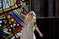 Carrie Underwood performs at the 56th annual Academy of Country Music Awards on Saturday, April 17, 2021, at the Grand Ole Opry in Nashville, Tenn. The awards show airs on April 18 with both live and prerecorded segments. (AP Photo/Mark Humphrey)