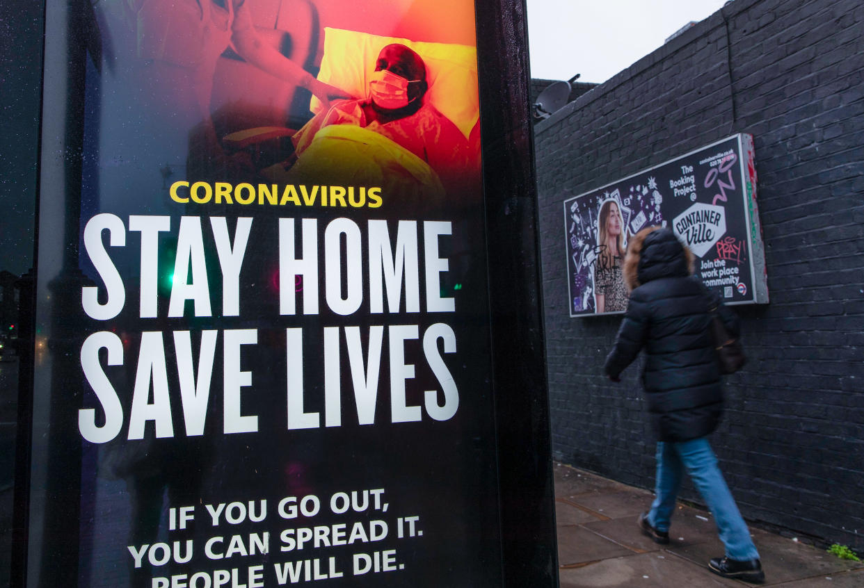 A coronavirus advertisement from the UK government calling people to �Stay Home, Save Lives� seen in London. (Photo by May James / SOPA Images/Sipa USA)