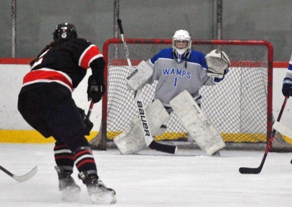 Braintree goalie Bella Corcoran, right, sets in front of the net as Wellesley players advance during high school girls hockey at the Zapustas Arena in Randolph, Wednesday, Jan. 31, 2024.