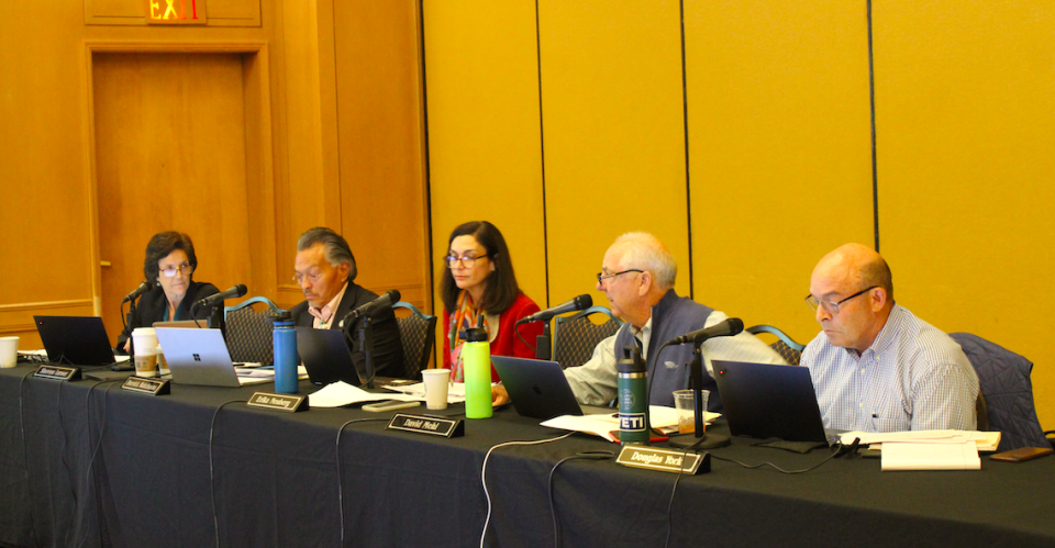 The Arizona Independent Redistricting Commission on Oct. 28, 2021. From left to right: Shereen Lerner, Derrick Watchman, Erika Neuberg, David Mehl, Douglas York.